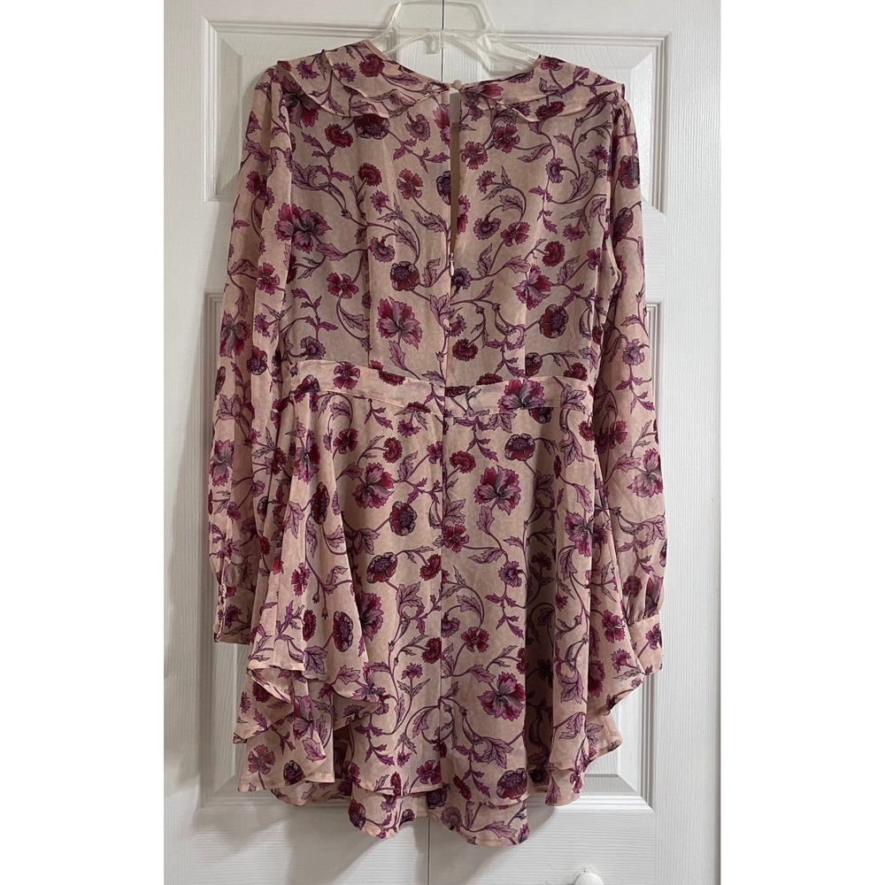 For Love and Lemons Floral Mesh Ruffle Agnes Mini Dress Pink Burgundy Sleeve L - Picture 3 of 16